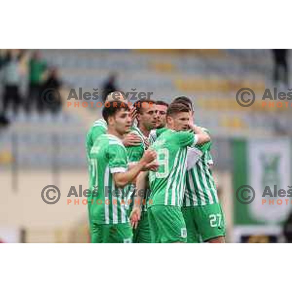 Mustafa Nukic and players of Olimpija celebrate goal during Prva Liga Telemach 2022-2023 football match between Radomlje and Olimpija in Domzale, Slovenia on May 3, 2023