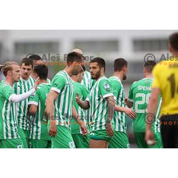 Mustafa Nukic and players of Olimpija celebrate goal during Prva Liga Telemach 2022-2023 football match between Radomlje and Olimpija in Domzale, Slovenia on May 3, 2023