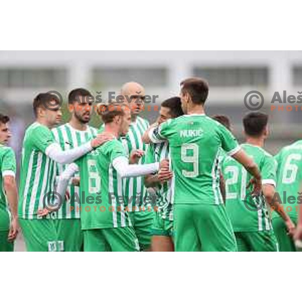 Mustafa Nukic and players of Olimpija celebrate goal during Prva Liga Telemach 2022-2023 football match between Radomlje and Olimpija in Domzale, Slovenia on May 3, 2023