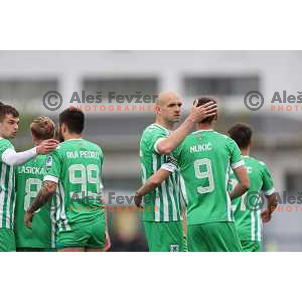 Mustafa Nukic and players of Olimpija celebrate goal during Prva Liga Telemach 2022-2023 football match between Radomlje and Olimpija in Domzale, Slovenia on May 3, 2023