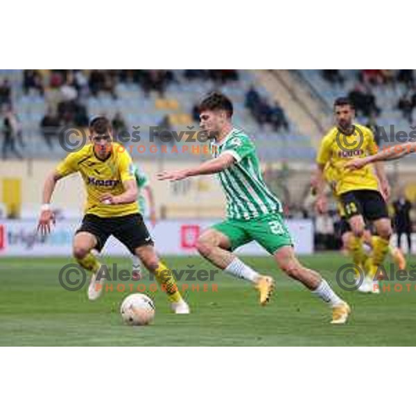 in action during Prva Liga Telemach 2022-2023 football match between Radomlje and Olimpija in Domzale, Slovenia on May 3, 2023