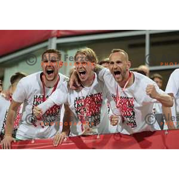 Justas Lesickas, Aljaz Krefl of Olimpija celebrate victory at Pivovarna Union Slovenian Cup match between Olimpija and Maribor in Celje on May 6, 2023