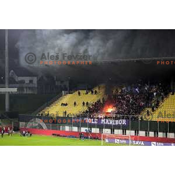 Burning stands at Pivovarna Union Slovenian Cup match between Olimpija and Maribor in Celje on May 6, 2023