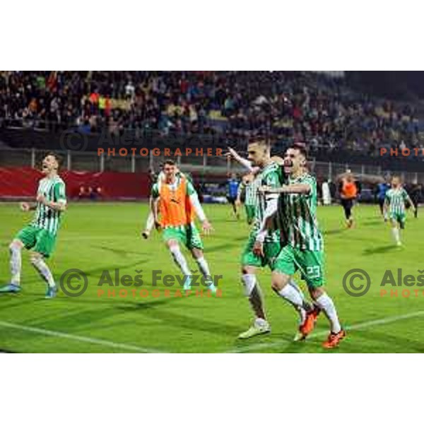 Timi Max Elsnik and fans of Olimpija celebrate victory at Pivovarna Union Slovenian Cup match between Olimpija and Maribor in Celje on May 6, 2023