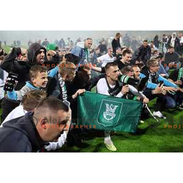 Timi Max Elsnik and fans of Olimpija celebrate victory at Pivovarna Union Slovenian Cup match between Olimpija and Maribor in Celje on May 6, 2023