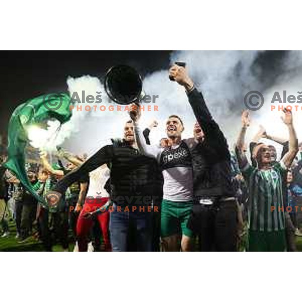 Timi Max Elsnik and fans of Olimpija celebrate victory at Pivovarna Union Slovenian Cup match between Olimpija and Maribor in Celje on May 6, 2023