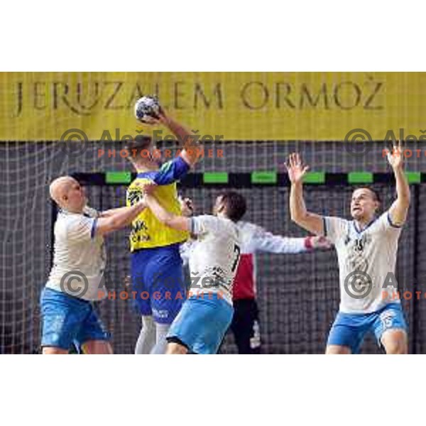 Aleks Vlah in action during handball Slovenian Cup match between Jerusalem Ormoz and Celje Pivovarna Lasko in Ormoz on May 7, 2023