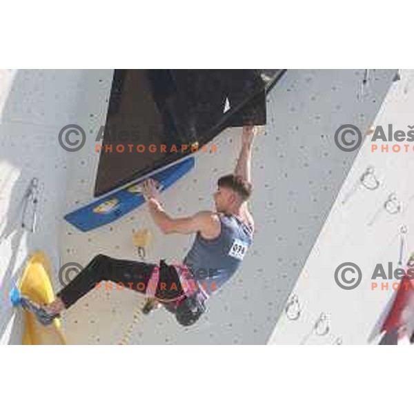 Luka Potocar climbs during Free-climbing Lead National Championship at Bonifika Park, Koper, Slovenia on May 13, 2023
