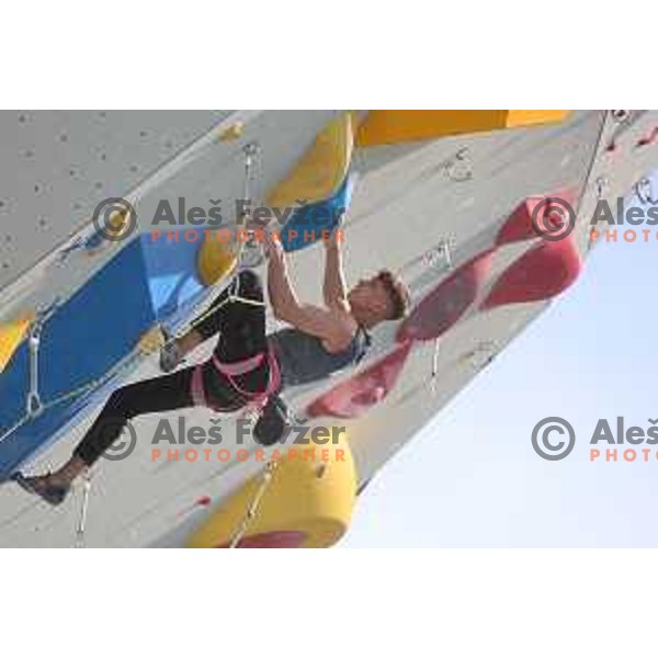 Luka Potocar climbs during Free-climbing Lead National Championship at Bonifika Park, Koper, Slovenia on May 13, 2023