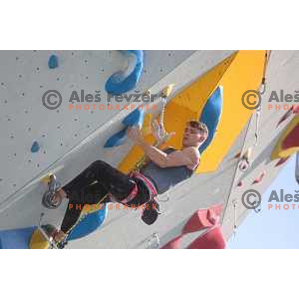Luka Potocar climbs during Free-climbing Lead National Championship at Bonifika Park, Koper, Slovenia on May 13, 2023