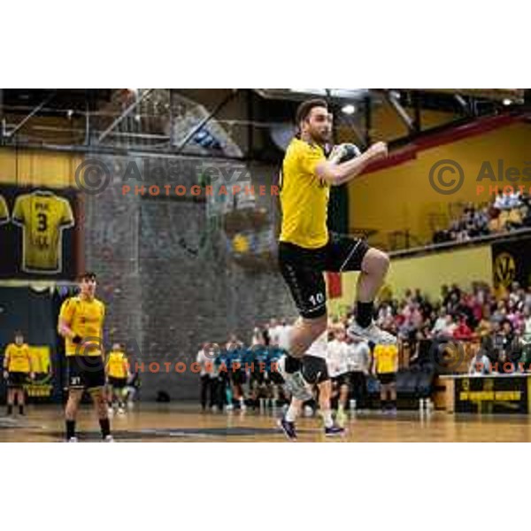 Urban Pipp in action during 1.NLB league handball match between Gorenje Velenje and Trimo Trebnje in Velenje, Slovenia on May 14, 2023