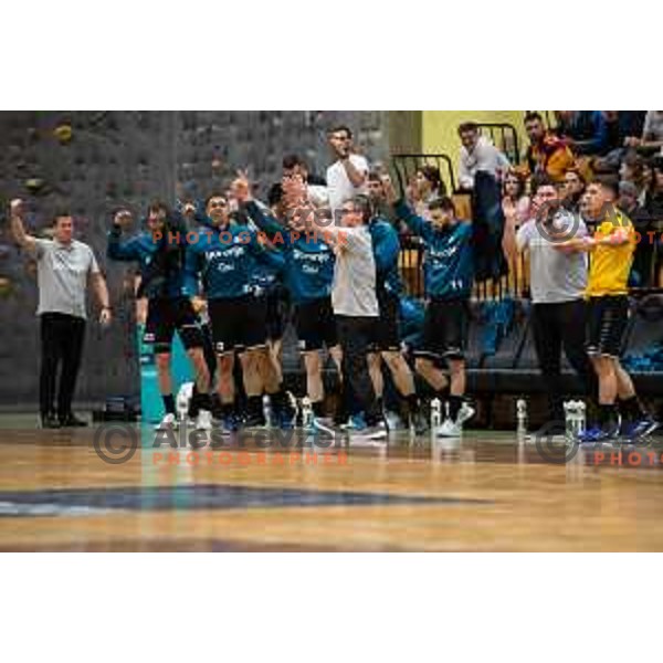 in action during 1.NLB league handball match between Gorenje Velenje and Trimo Trebnje in Velenje, Slovenia on May 14, 2023