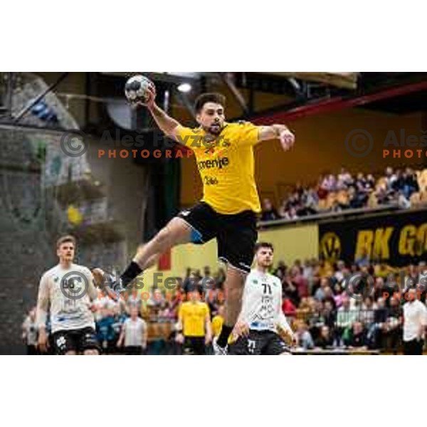 Tilen Sokolic in action during 1.NLB league handball match between Gorenje Velenje and Trimo Trebnje in Velenje, Slovenia on May 14, 2023