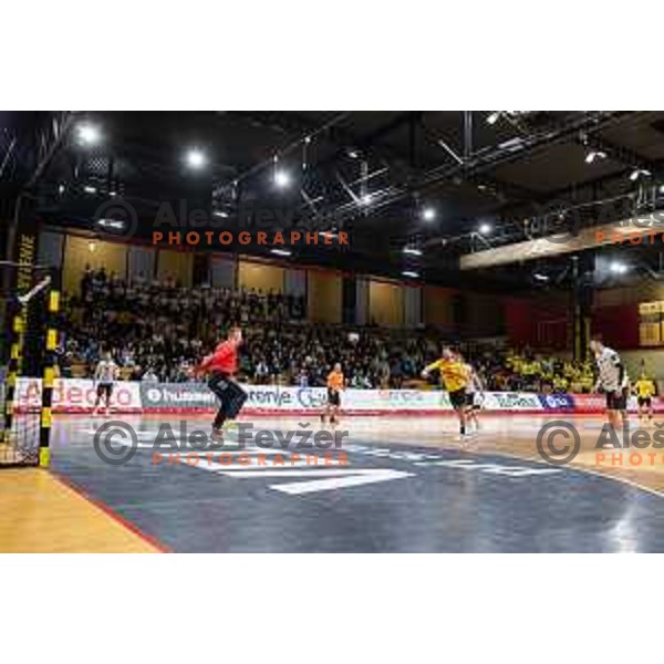 in action during 1.NLB league handball match between Gorenje Velenje and Trimo Trebnje in Velenje, Slovenia on May 14, 2023