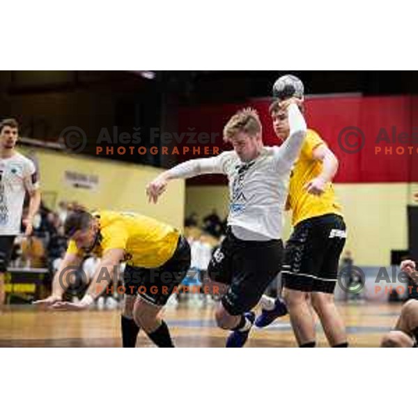 in action during 1.NLB league handball match between Gorenje Velenje and Trimo Trebnje in Velenje, Slovenia on May 14, 2023