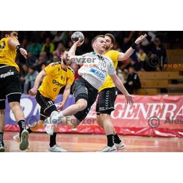 in action during 1.NLB league handball match between Gorenje Velenje and Trimo Trebnje in Velenje, Slovenia on May 14, 2023