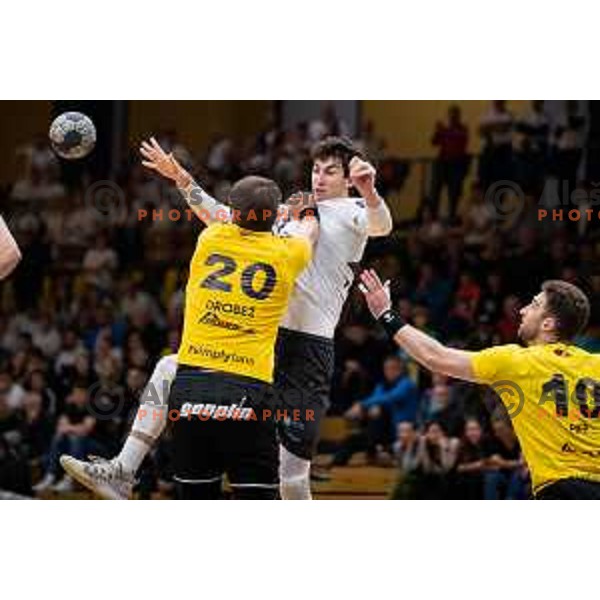 in action during 1.NLB league handball match between Gorenje Velenje and Trimo Trebnje in Velenje, Slovenia on May 14, 2023