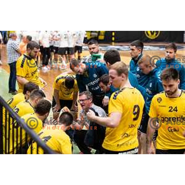 in action during 1.NLB league handball match between Gorenje Velenje and Trimo Trebnje in Velenje, Slovenia on May 14, 2023