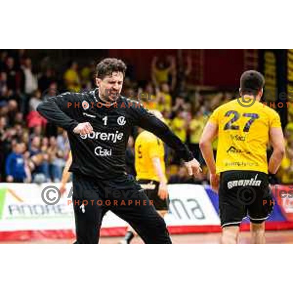 Matevz Skok in action during 1.NLB league handball match between Gorenje Velenje and Trimo Trebnje in Velenje, Slovenia on May 14, 2023