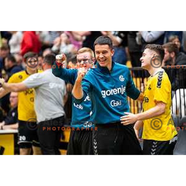 in action during 1.NLB league handball match between Gorenje Velenje and Trimo Trebnje in Velenje, Slovenia on May 14, 2023