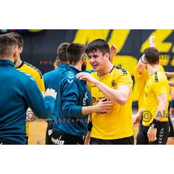 in action during 1.NLB league handball match between Gorenje Velenje and Trimo Trebnje in Velenje, Slovenia on May 14, 2023