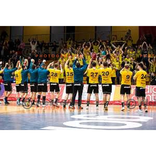 in action during 1.NLB league handball match between Gorenje Velenje and Trimo Trebnje in Velenje, Slovenia on May 14, 2023