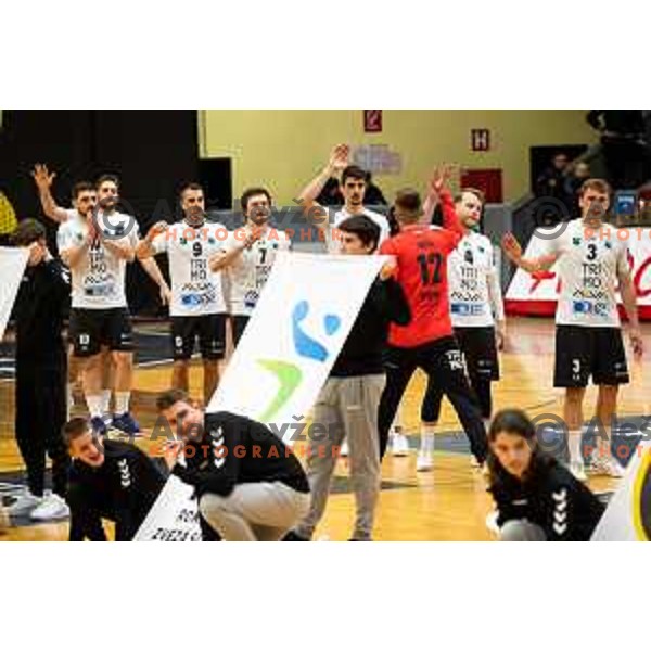 in action during 1.NLB league handball match between Gorenje Velenje and Trimo Trebnje in Velenje, Slovenia on May 14, 2023