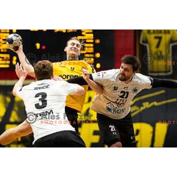 in action during 1.NLB league handball match between Gorenje Velenje and Trimo Trebnje in Velenje, Slovenia on May 14, 2023