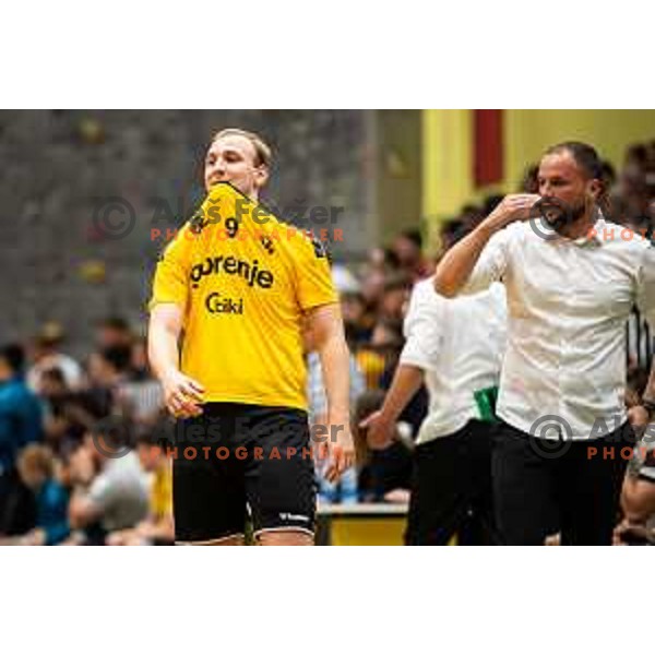 Domen Tajnik in action during 1.NLB league handball match between Gorenje Velenje and Trimo Trebnje in Velenje, Slovenia on May 14, 2023