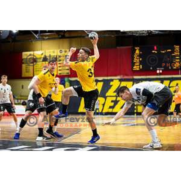 Enej Jovicic Slatinek in action during 1.NLB league handball match between Gorenje Velenje and Trimo Trebnje in Velenje, Slovenia on May 14, 2023