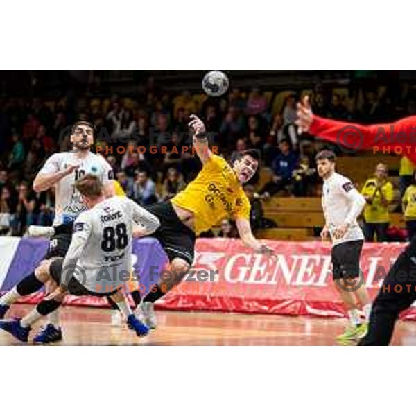 Peter Sisko in action during 1.NLB league handball match between Gorenje Velenje and Trimo Trebnje in Velenje, Slovenia on May 14, 2023