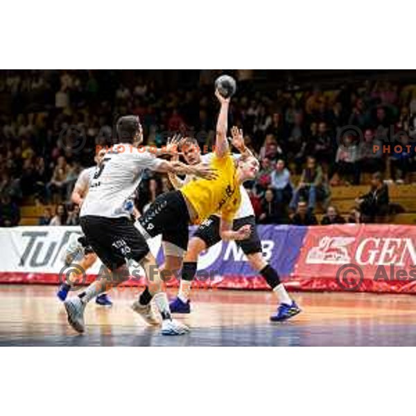 Domen Tajnik in action during 1.NLB league handball match between Gorenje Velenje and Trimo Trebnje in Velenje, Slovenia on May 14, 2023