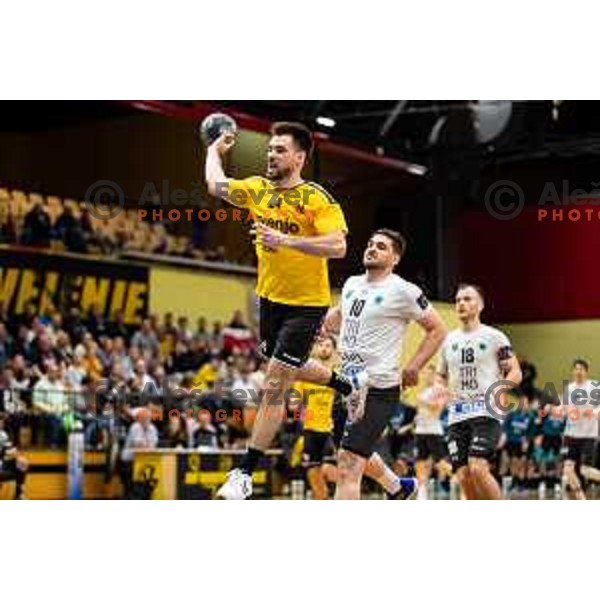 Tilen Sokolic in action during 1.NLB league handball match between Gorenje Velenje and Trimo Trebnje in Velenje, Slovenia on May 14, 2023