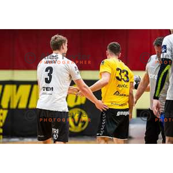 Enej Jovicic Slatinek and Stas Jovicic Slatinek in action during 1.NLB league handball match between Gorenje Velenje and Trimo Trebnje in Velenje, Slovenia on May 14, 2023