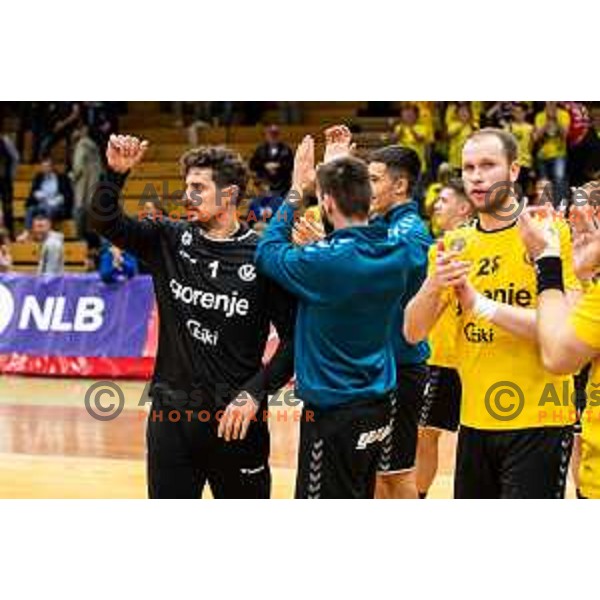 in action during 1.NLB league handball match between Gorenje Velenje and Trimo Trebnje in Velenje, Slovenia on May 14, 2023