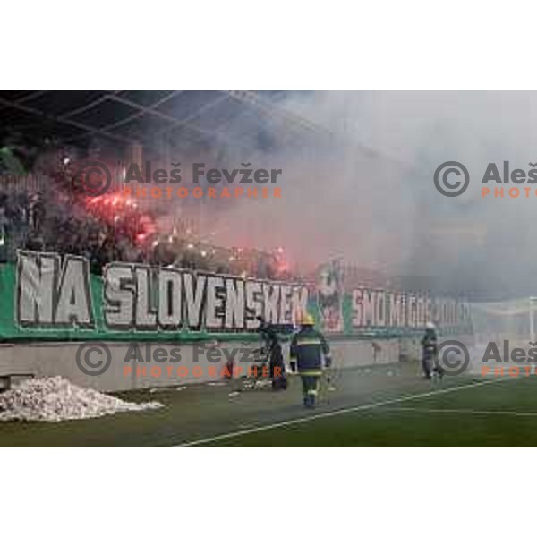 Players of Olimpija and fans celebrate title of Prva Liga Telemach 2022-2023 in SRC Stozice, Ljubljana, Slovenia on May 20, 2023