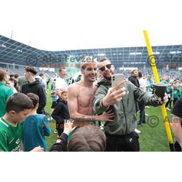 Players of Olimpija and fans celebrate title of Prva Liga Telemach 2022-2023 in SRC Stozice, Ljubljana, Slovenia on May 20, 2023