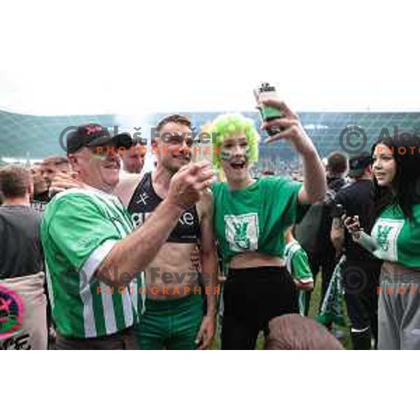 Players of Olimpija and fans celebrate title of Prva Liga Telemach 2022-2023 in SRC Stozice, Ljubljana, Slovenia on May 20, 2023