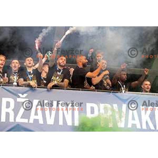 Players of Olimpija and fans celebrate title of Prva Liga Telemach 2022-2023 in SRC Stozice, Ljubljana, Slovenia on May 20, 2023