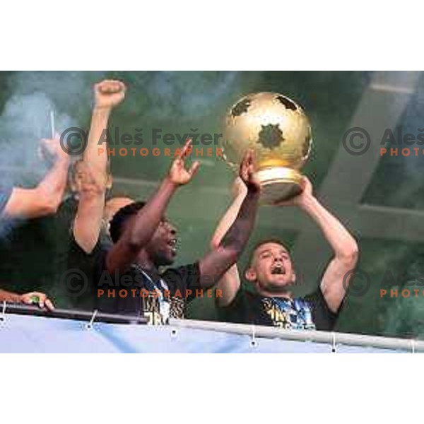 Players of Olimpija and fans celebrate title of Prva Liga Telemach 2022-2023 in SRC Stozice, Ljubljana, Slovenia on May 20, 2023