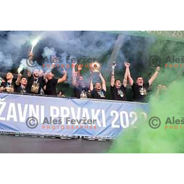 Players of Olimpija and fans celebrate title of Prva Liga Telemach 2022-2023 in SRC Stozice, Ljubljana, Slovenia on May 20, 2023