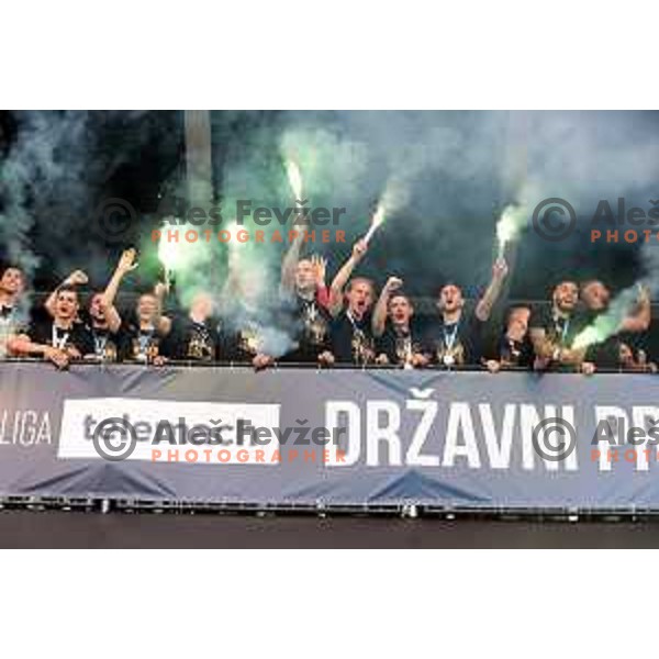Players of Olimpija and fans celebrate title of Prva Liga Telemach 2022-2023 in SRC Stozice, Ljubljana, Slovenia on May 20, 2023