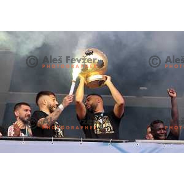 Players of Olimpija and fans celebrate title of Prva Liga Telemach 2022-2023 in SRC Stozice, Ljubljana, Slovenia on May 20, 2023