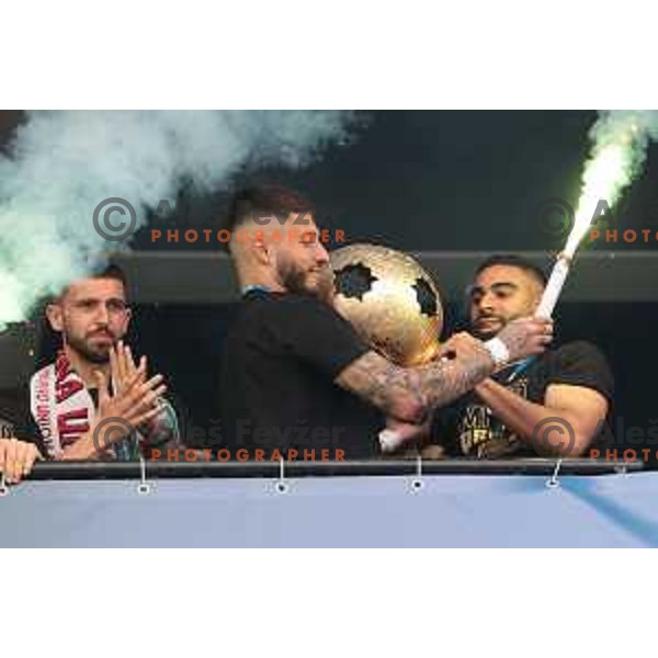 Players of Olimpija and fans celebrate title of Prva Liga Telemach 2022-2023 in SRC Stozice, Ljubljana, Slovenia on May 20, 2023