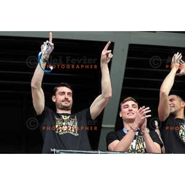 Players of Olimpija and fans celebrate title of Prva Liga Telemach 2022-2023 in SRC Stozice, Ljubljana, Slovenia on May 20, 2023