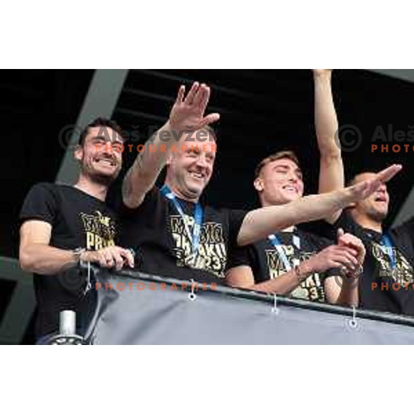 Players of Olimpija and fans celebrate title of Prva Liga Telemach 2022-2023 in SRC Stozice, Ljubljana, Slovenia on May 20, 2023