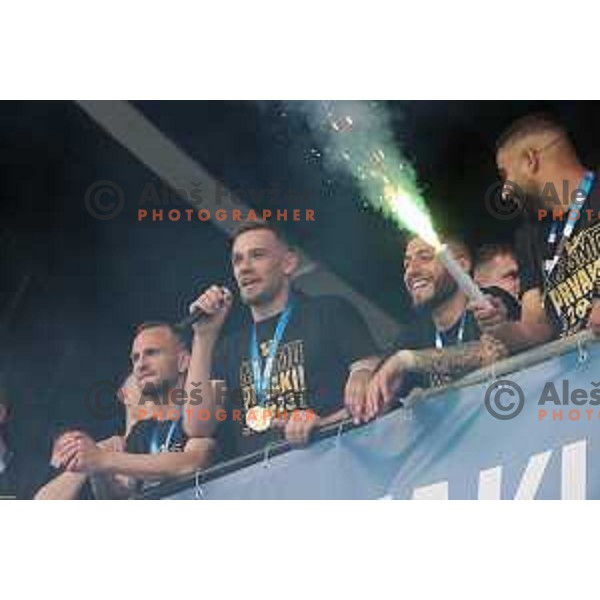 Players of Olimpija and fans celebrate title of Prva Liga Telemach 2022-2023 in SRC Stozice, Ljubljana, Slovenia on May 20, 2023