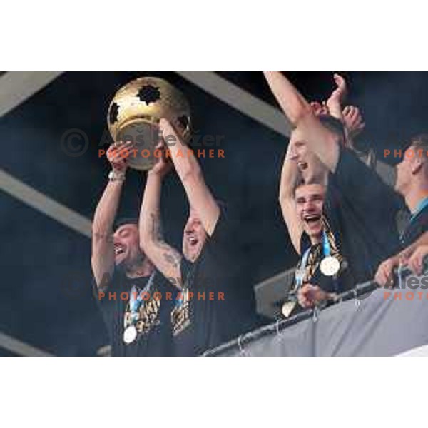 Players of Olimpija and fans celebrate title of Prva Liga Telemach 2022-2023 in SRC Stozice, Ljubljana, Slovenia on May 20, 2023