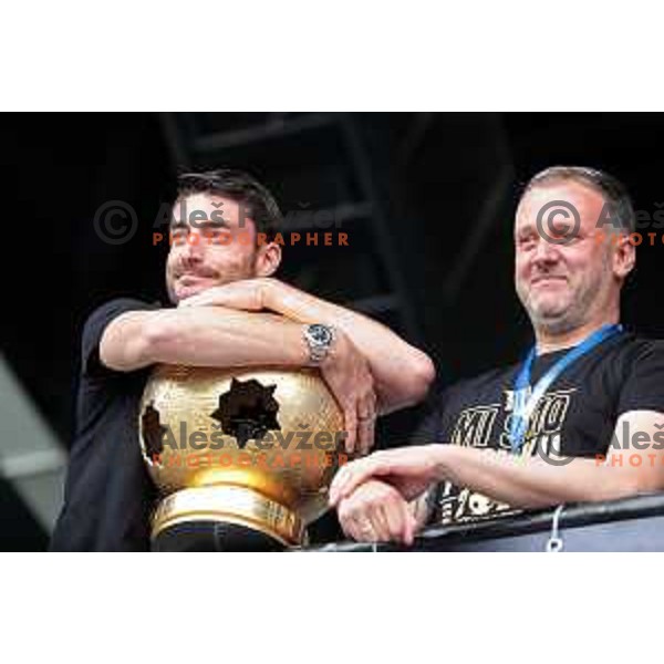 Players of Olimpija and fans celebrate title of Prva Liga Telemach 2022-2023 in SRC Stozice, Ljubljana, Slovenia on May 20, 2023