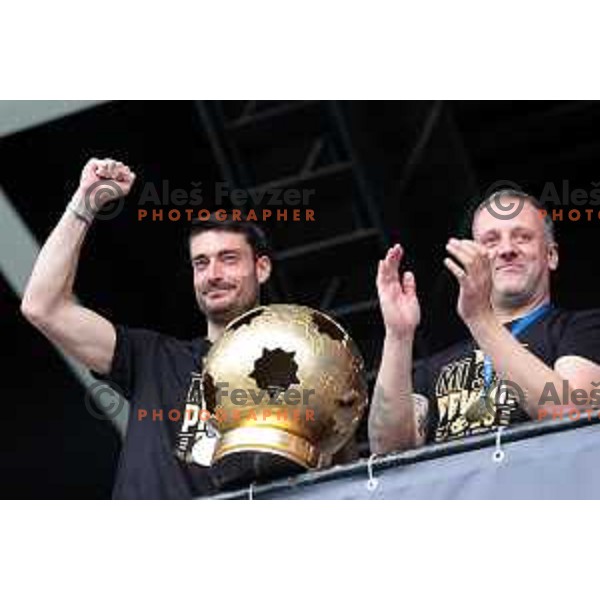 Players of Olimpija and fans celebrate title of Prva Liga Telemach 2022-2023 in SRC Stozice, Ljubljana, Slovenia on May 20, 2023